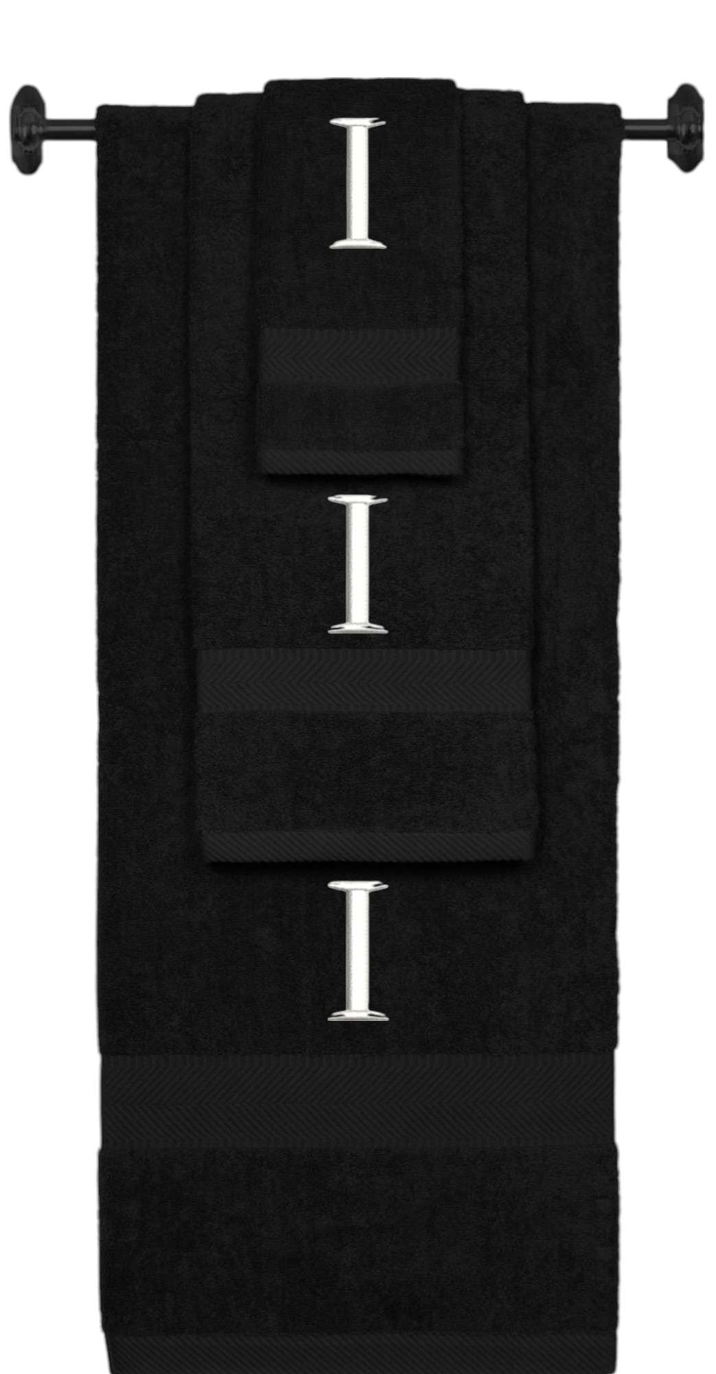 Black monogrammed towel set with White thread, Times New Roman font, initial I - 540 GSM cotton 3-piece