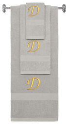 Silver monogrammed towel set with Gold thread, Chancery font, initial D - 540 GSM cotton 3-piece