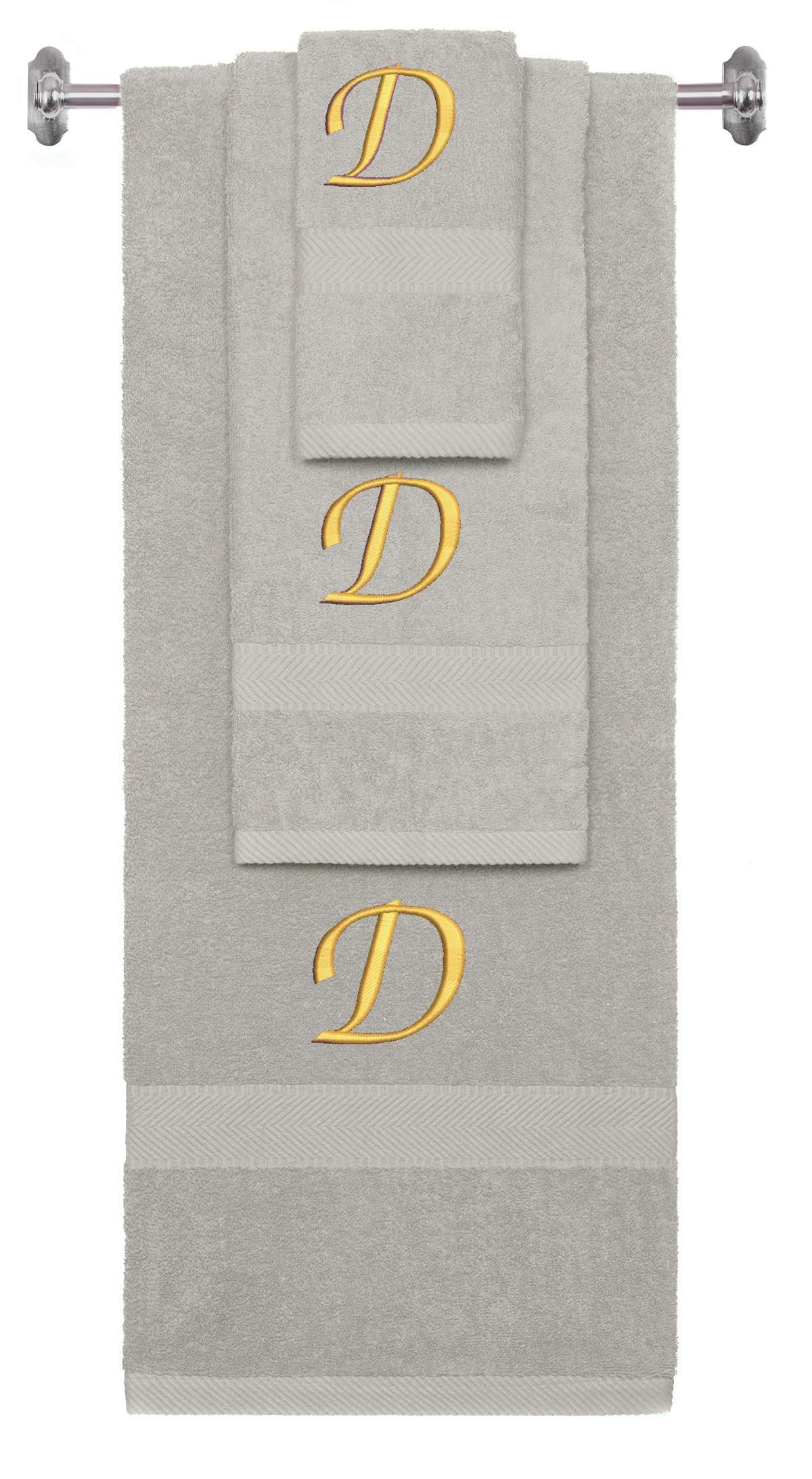 Silver monogrammed towel set with Gold thread, Chancery font, initial D - 540 GSM cotton 3-piece