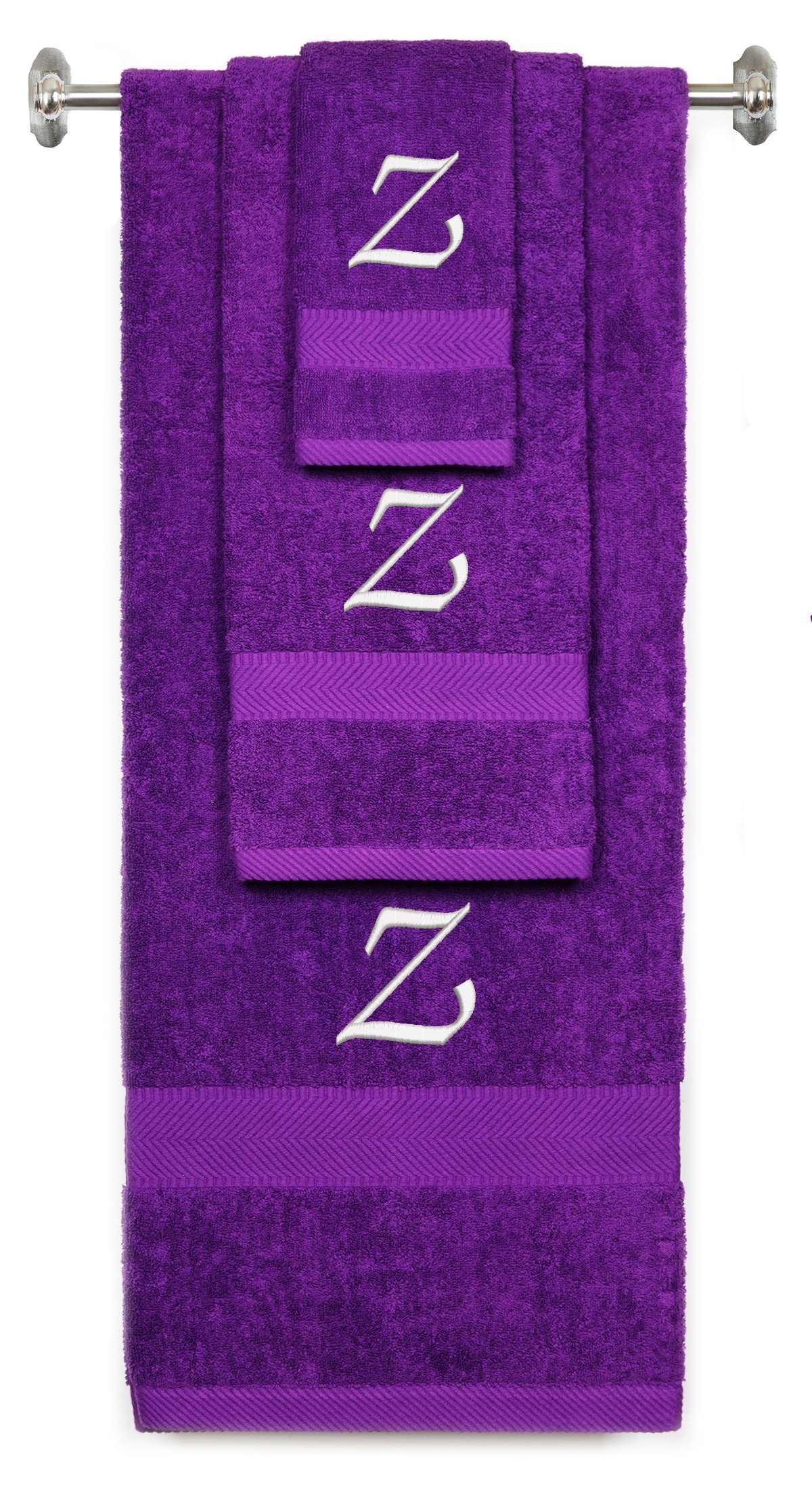 Purple monogrammed towel set with White thread, Chancery font, initial Z - 540 GSM cotton 3-piece