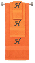 Orange monogrammed towel set with Black thread, Chancery font, initial H - 540 GSM cotton 3-piece