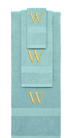 Nautical Teal monogrammed towel set with Gold thread, Times New Roman font, initial W - 540 GSM cotton 3-piece