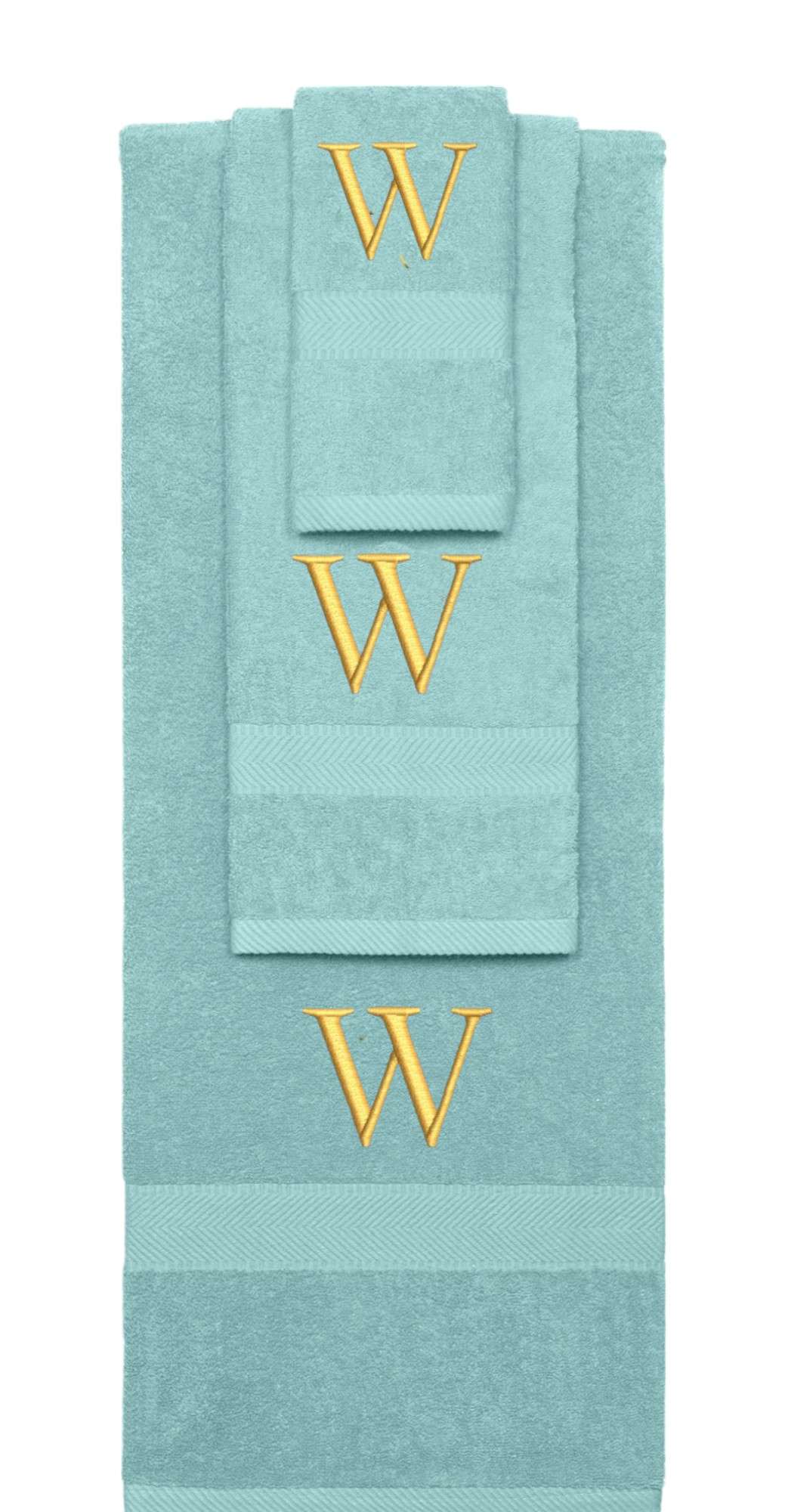 Nautical Teal monogrammed towel set with Gold thread, Times New Roman font, initial W - 540 GSM cotton 3-piece