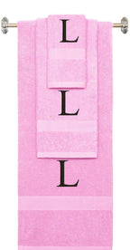 Pink monogrammed towel set with Black thread, Times New Roman font, initial L - 540 GSM cotton 3-piece