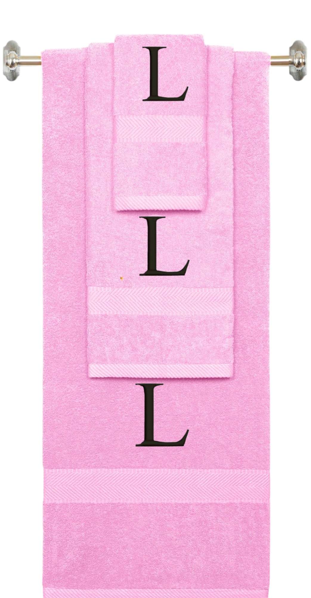Pink monogrammed towel set with Black thread, Times New Roman font, initial L - 540 GSM cotton 3-piece