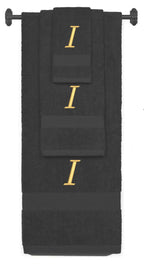 Charcoal monogrammed towel set with Gold thread, Chancery font, initial I - 540 GSM cotton 3-piece