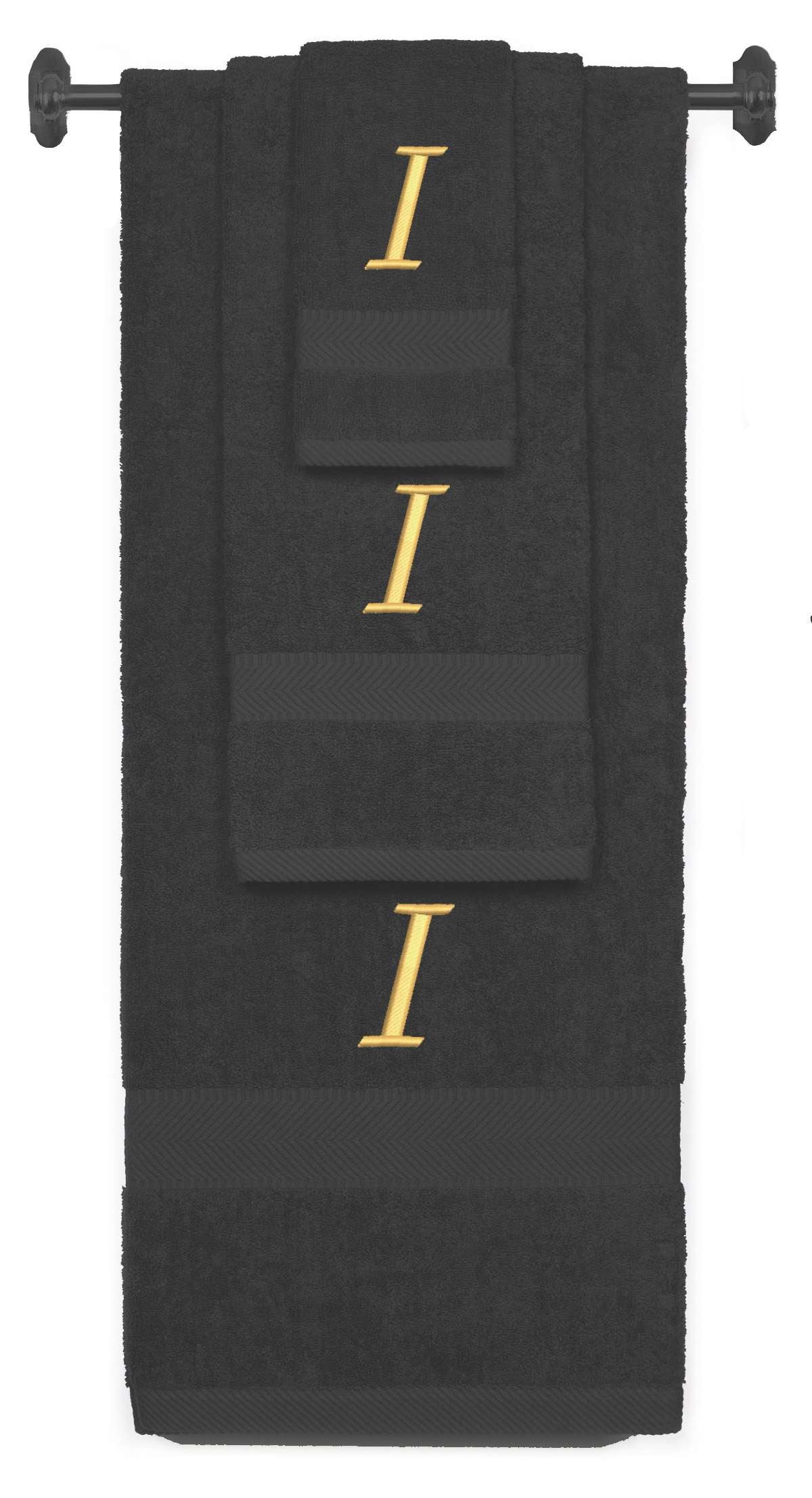 Charcoal monogrammed towel set with Gold thread, Chancery font, initial I - 540 GSM cotton 3-piece