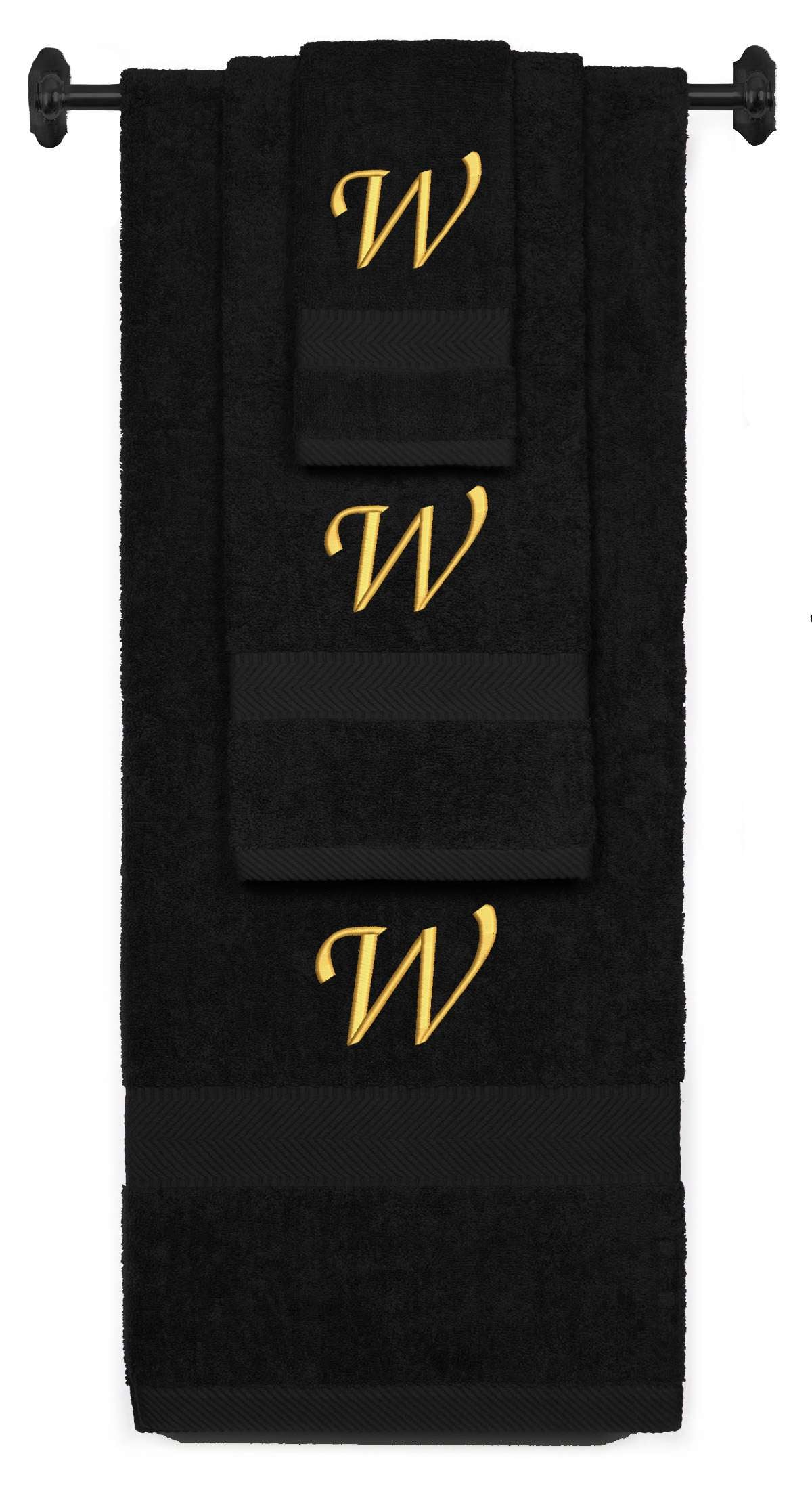 Black monogrammed towel set with Gold thread, Chancery font, initial W - 540 GSM cotton 3-piece