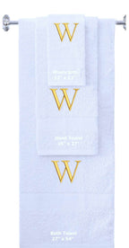White monogrammed towel set with Gold thread, Times New Roman font, initial W - 540 GSM cotton 3-piece