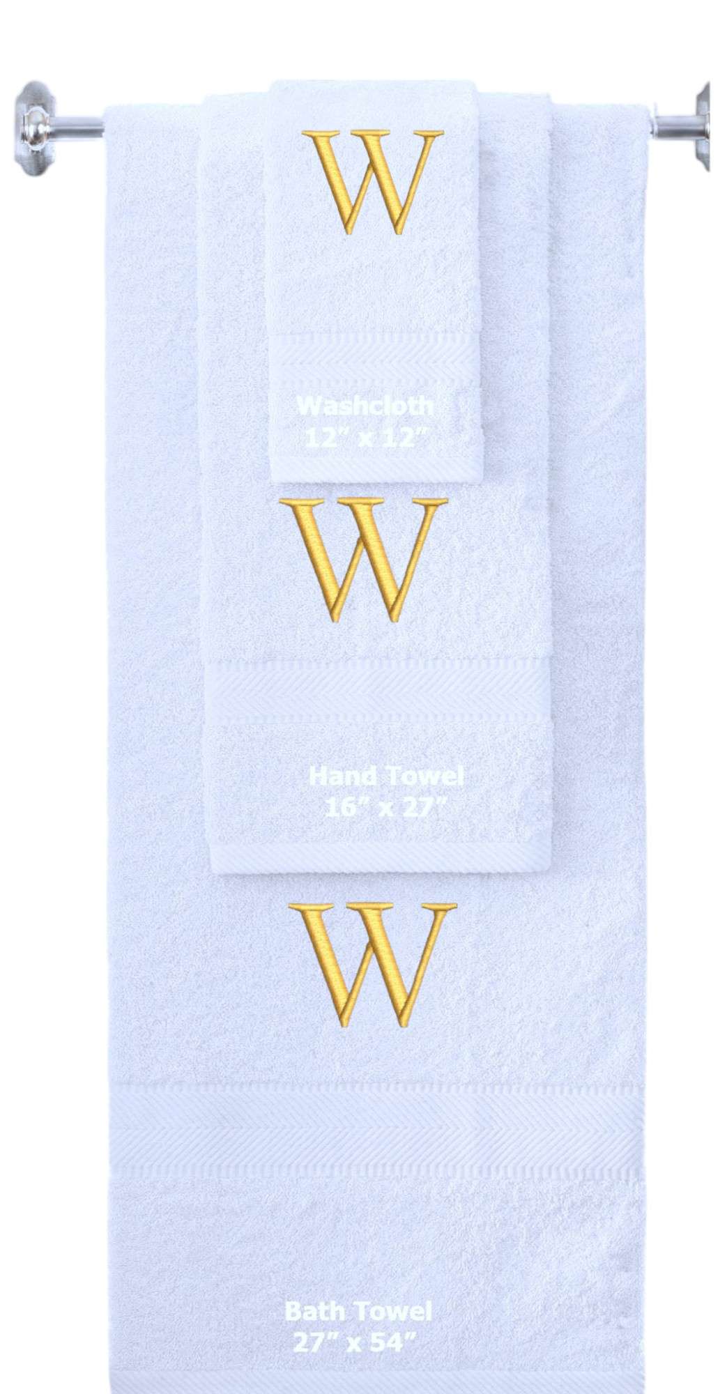 White monogrammed towel set with Gold thread, Times New Roman font, initial W - 540 GSM cotton 3-piece