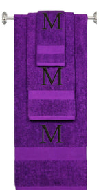 Purple monogrammed towel set with Gold thread, Times New Roman font, initial M - 540 GSM cotton 3-piece
