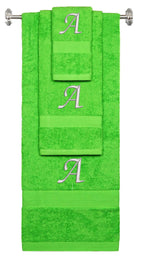 Lime monogrammed towel set with Silver thread, Chancery font, initial A - 540 GSM cotton 3-piece