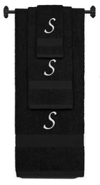 Black monogrammed towel set with Silver thread, Chancery font, initial S - 540 GSM cotton 3-piece