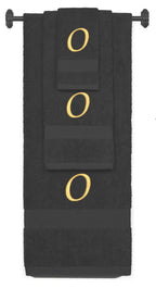 Charcoal monogrammed towel set with Gold thread, Chancery font, initial O - 540 GSM cotton 3-piece