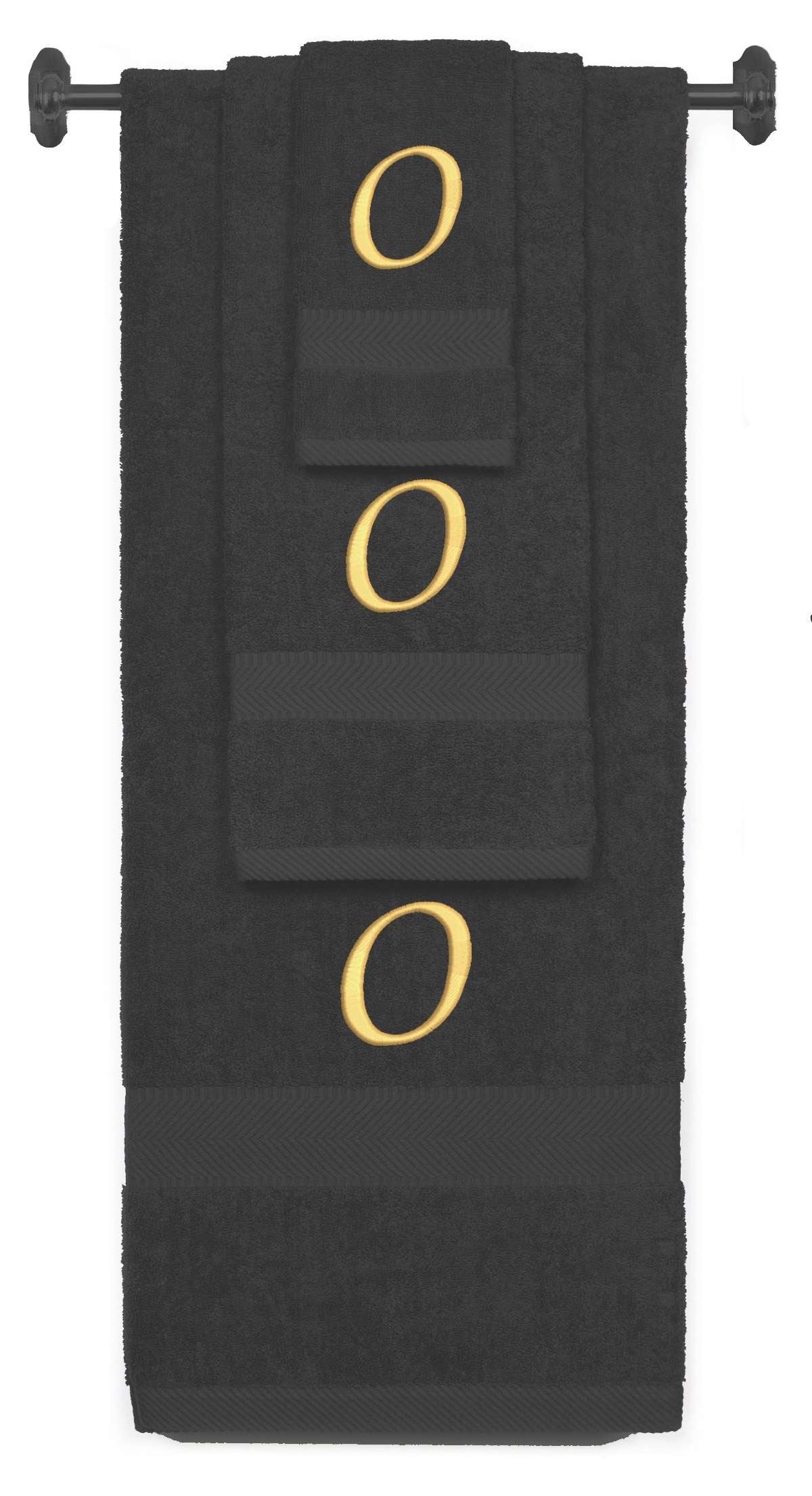 Charcoal monogrammed towel set with Gold thread, Chancery font, initial O - 540 GSM cotton 3-piece