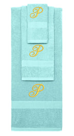 Nautical Teal monogrammed towel set with Gold thread, Diana Script font, initial P - 540 GSM cotton 3-piece