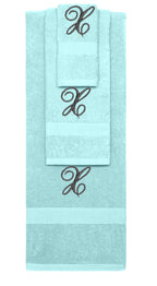 Nautical Teal monogrammed towel set with Black thread, Diana Script font, initial X - 540 GSM cotton 3-piece