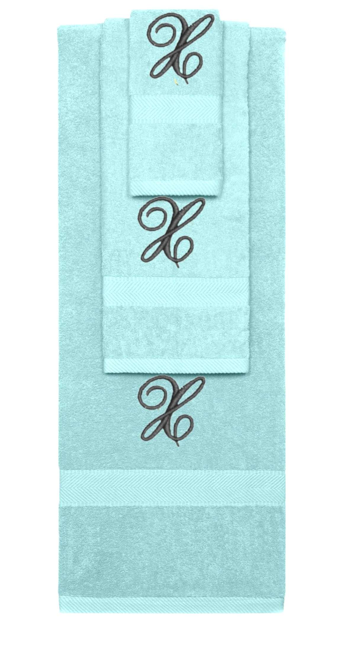 Nautical Teal monogrammed towel set with Black thread, Diana Script font, initial X - 540 GSM cotton 3-piece