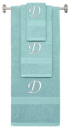 Nautical Teal monogrammed towel set with White thread, Chancery font, initial D - 540 GSM cotton 3-piece
