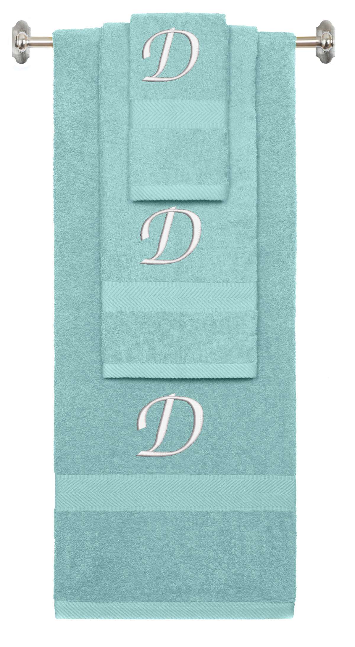 Nautical Teal monogrammed towel set with White thread, Chancery font, initial D - 540 GSM cotton 3-piece