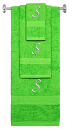 Lime monogrammed towel set with Silver thread, Chancery font, initial S - 540 GSM cotton 3-piece