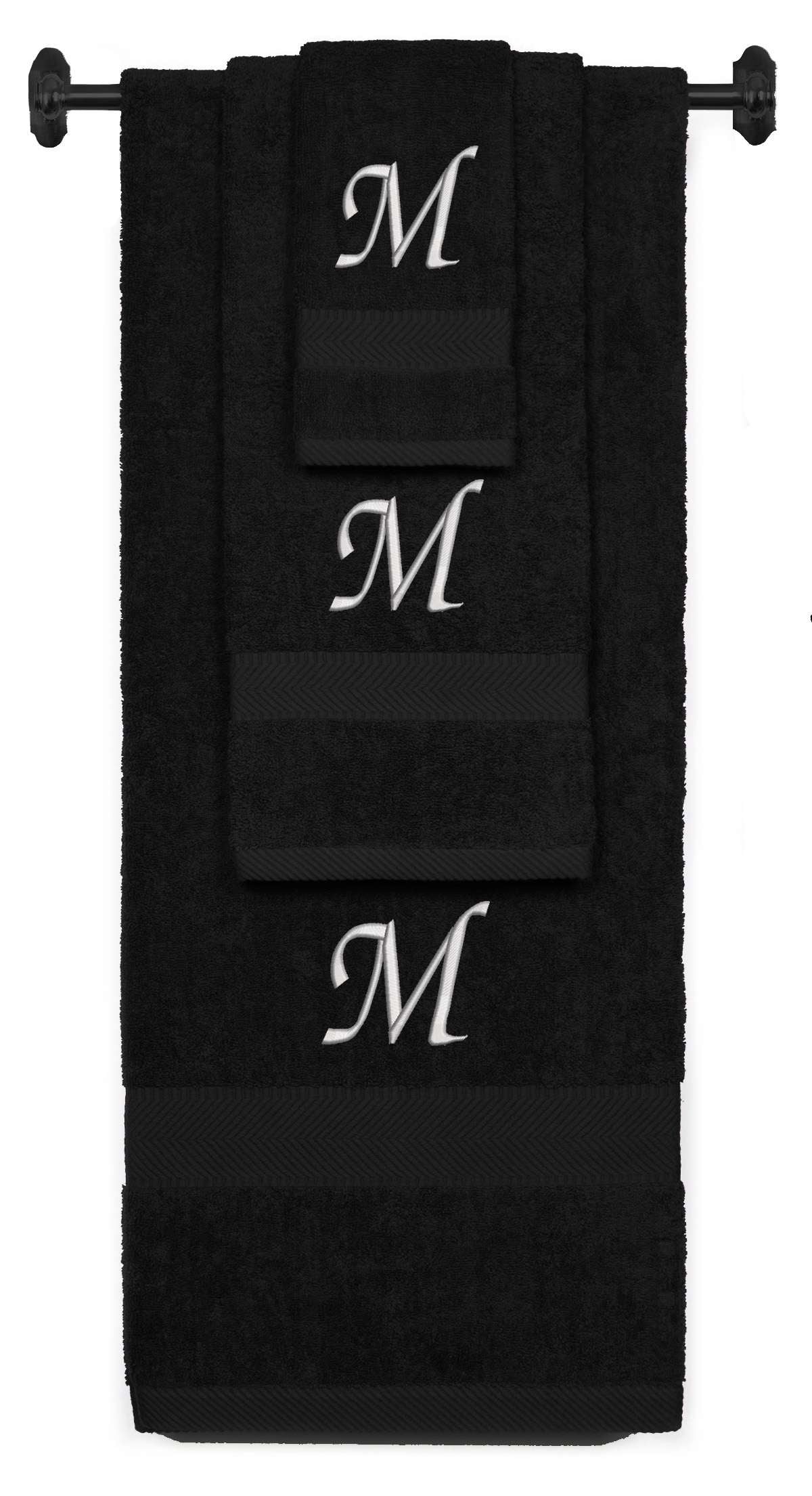 Black monogrammed towel set with Silver thread, Chancery font, initial M - 540 GSM cotton 3-piece