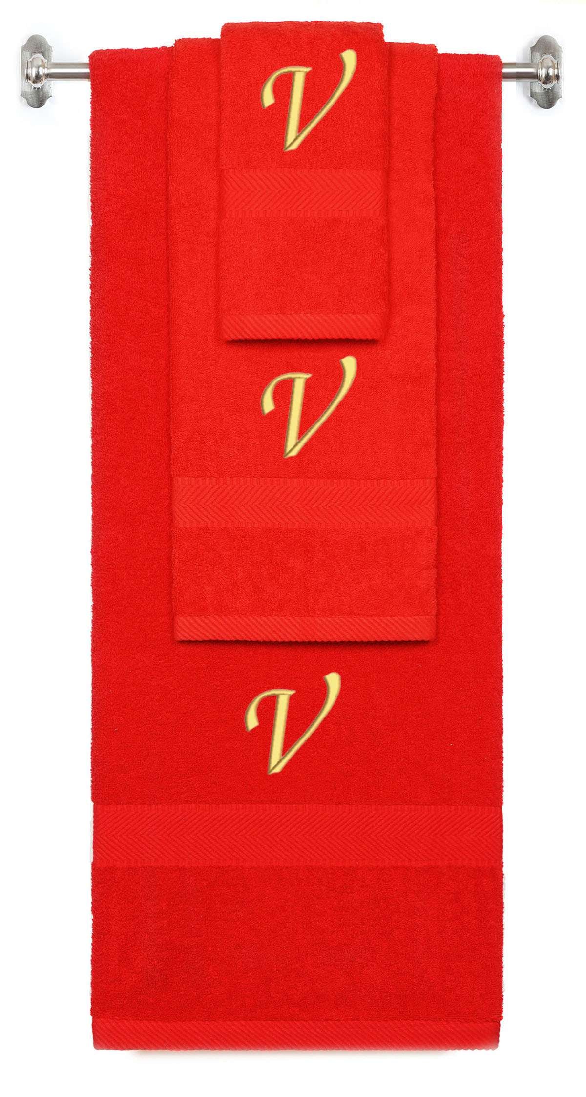 Red monogrammed towel set with Gold thread, Chancery font, initial V - 540 GSM cotton 3-piece