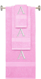 Pink monogrammed towel set with White thread, Times New Roman font, initial A - 540 GSM cotton 3-piece