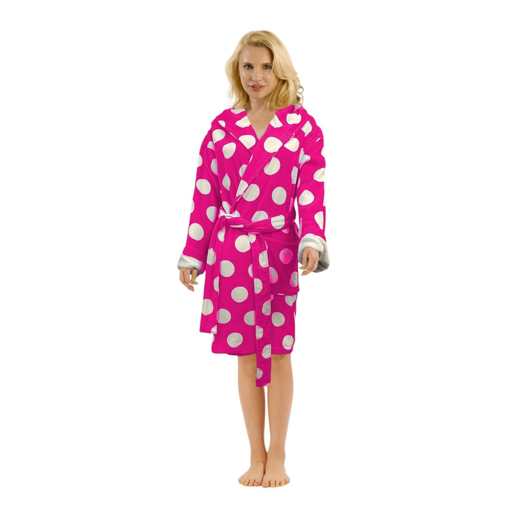 360 GSM Polka Dot Hooded Velour Robe for Women - Knee Length