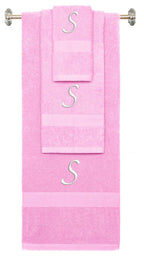 Pink monogrammed towel set with White thread, Chancery font, initial S - 540 GSM cotton 3-piece