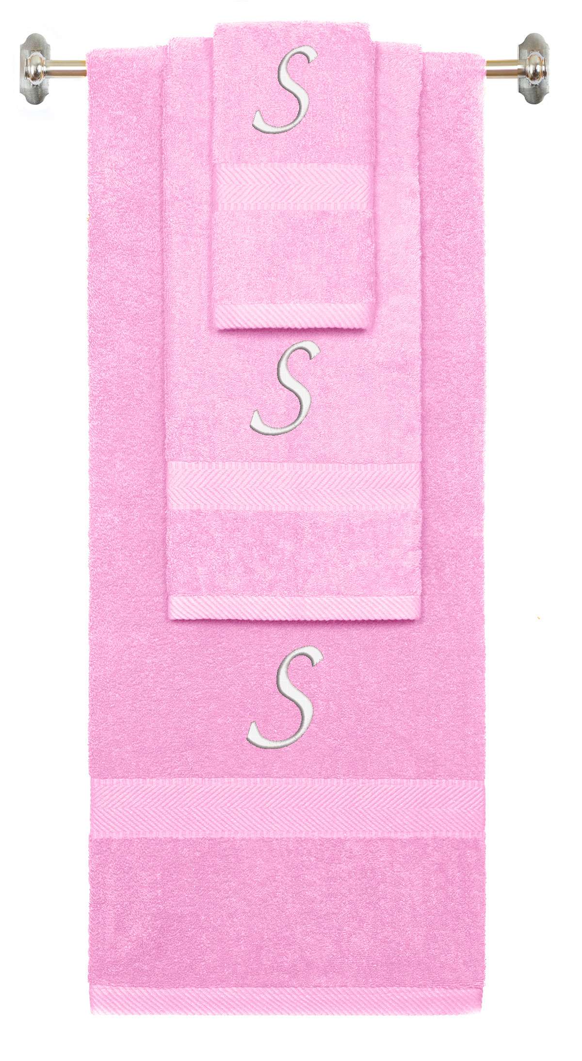 Pink monogrammed towel set with White thread, Chancery font, initial S - 540 GSM cotton 3-piece