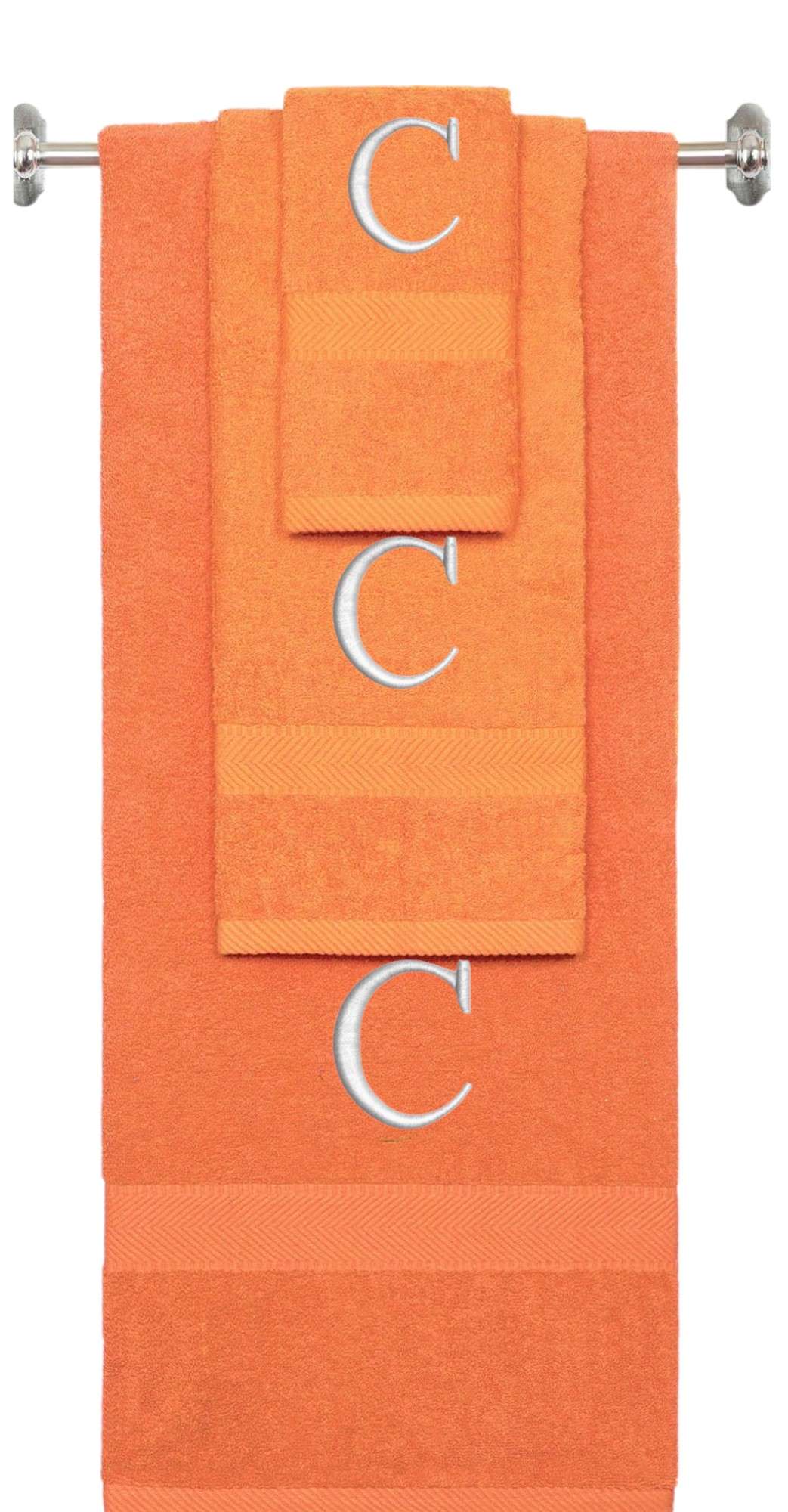 Orange monogrammed towel set with Silver thread, Times New Roman font, initial C - 540 GSM cotton 3-piece