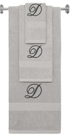 Silver monogrammed towel set with Black thread, Diana Script font, initial D - 540 GSM cotton 3-piece