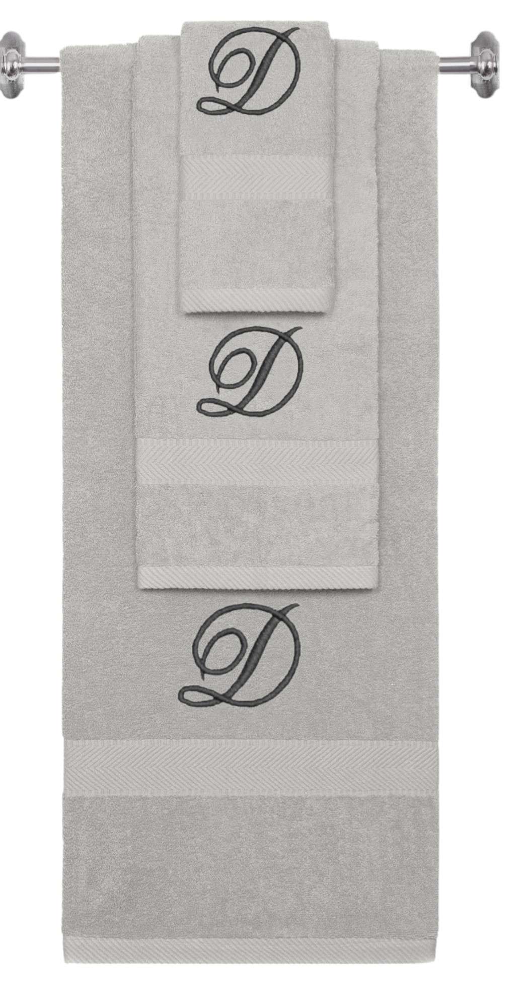 Silver monogrammed towel set with Black thread, Diana Script font, initial D - 540 GSM cotton 3-piece