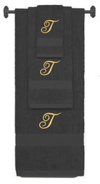Charcoal monogrammed towel set with Gold thread, Diana Script font, initial T - 540 GSM cotton 3-piece