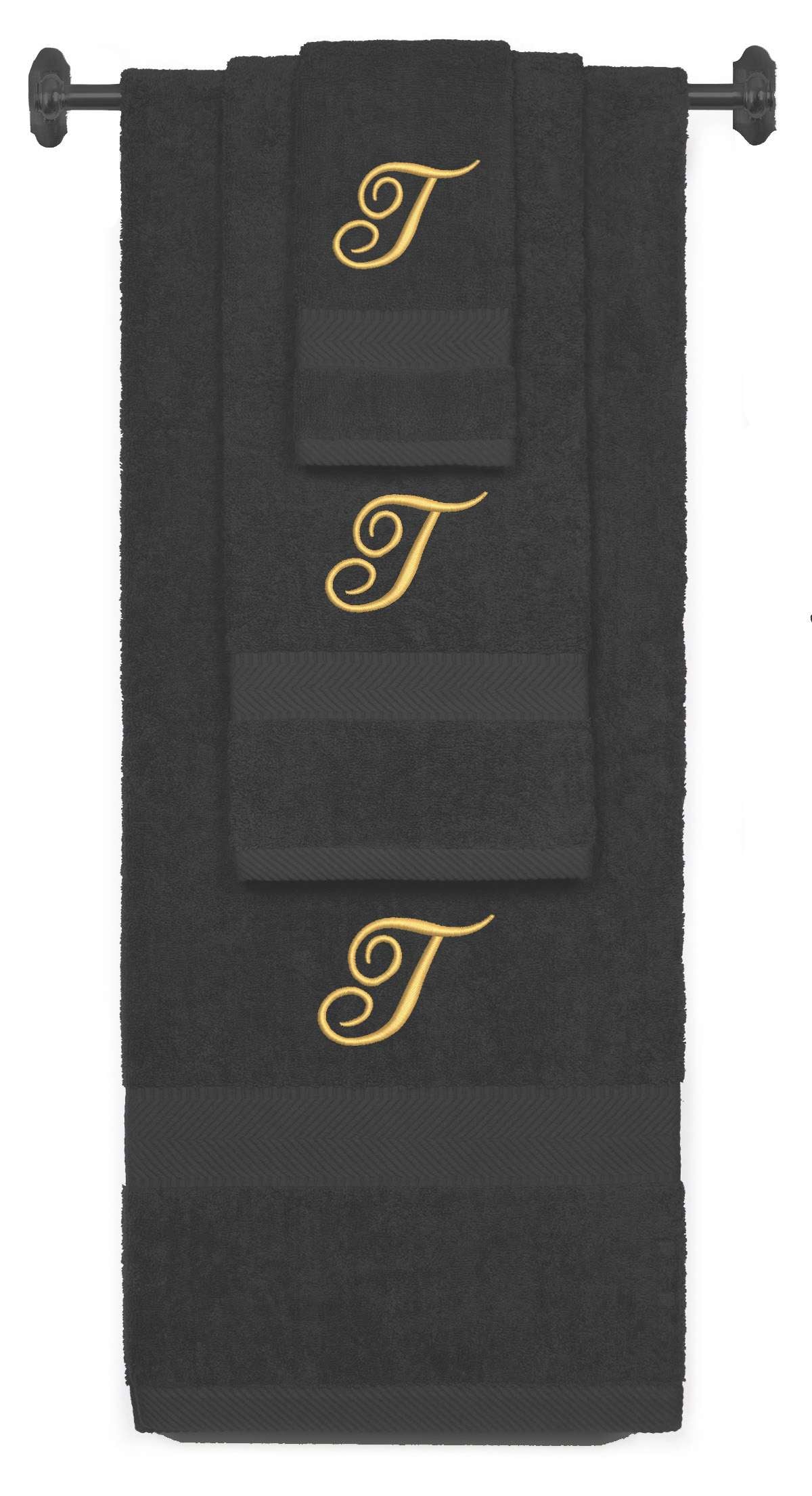 Charcoal monogrammed towel set with Gold thread, Diana Script font, initial T - 540 GSM cotton 3-piece