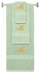 Mint Green monogrammed towel set with Gold thread, Diana Script font, initial M - 540 GSM cotton 3-piece