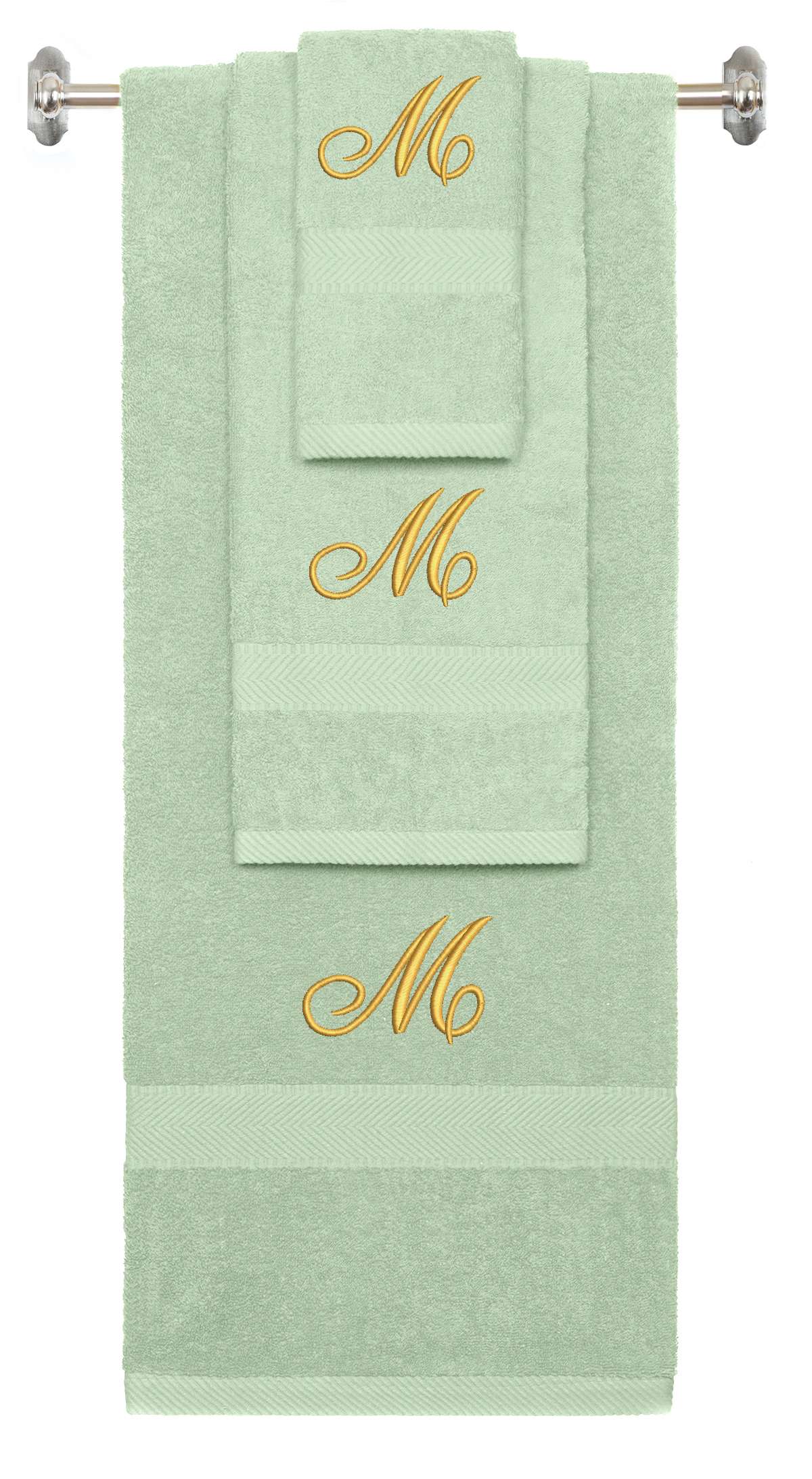 Mint Green monogrammed towel set with Gold thread, Diana Script font, initial M - 540 GSM cotton 3-piece