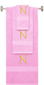 Pink monogrammed towel set with Silver thread, Times New Roman font, initial N - 540 GSM cotton 3-piece