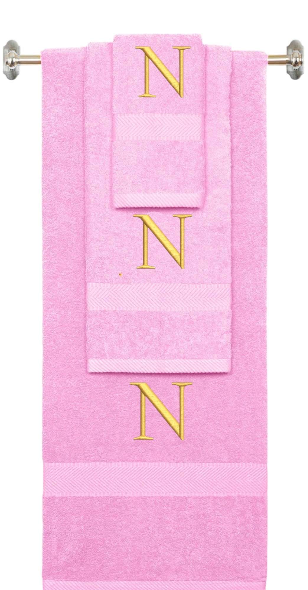 Pink monogrammed towel set with Silver thread, Times New Roman font, initial N - 540 GSM cotton 3-piece