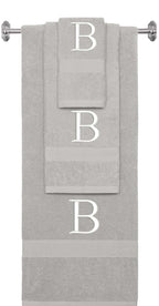 Silver monogrammed towel set with White thread, Times New Roman font, initial B - 540 GSM cotton 3-piece