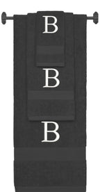 Charcoal monogrammed towel set with White thread, Times New Roman font, initial B - 540 GSM cotton 3-piece