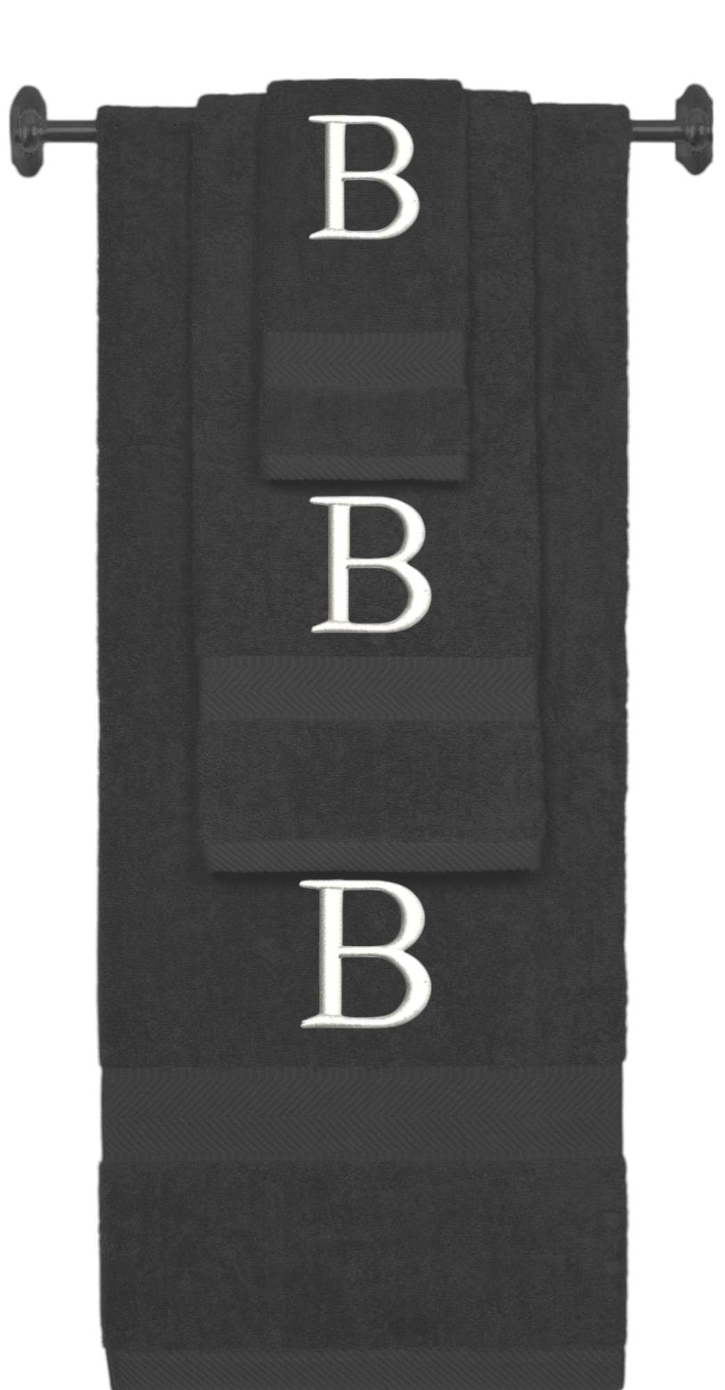 Charcoal monogrammed towel set with White thread, Times New Roman font, initial B - 540 GSM cotton 3-piece