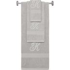 Silver monogrammed towel set with Silver thread, Diana Script font, initial K - 540 GSM cotton 3-piece