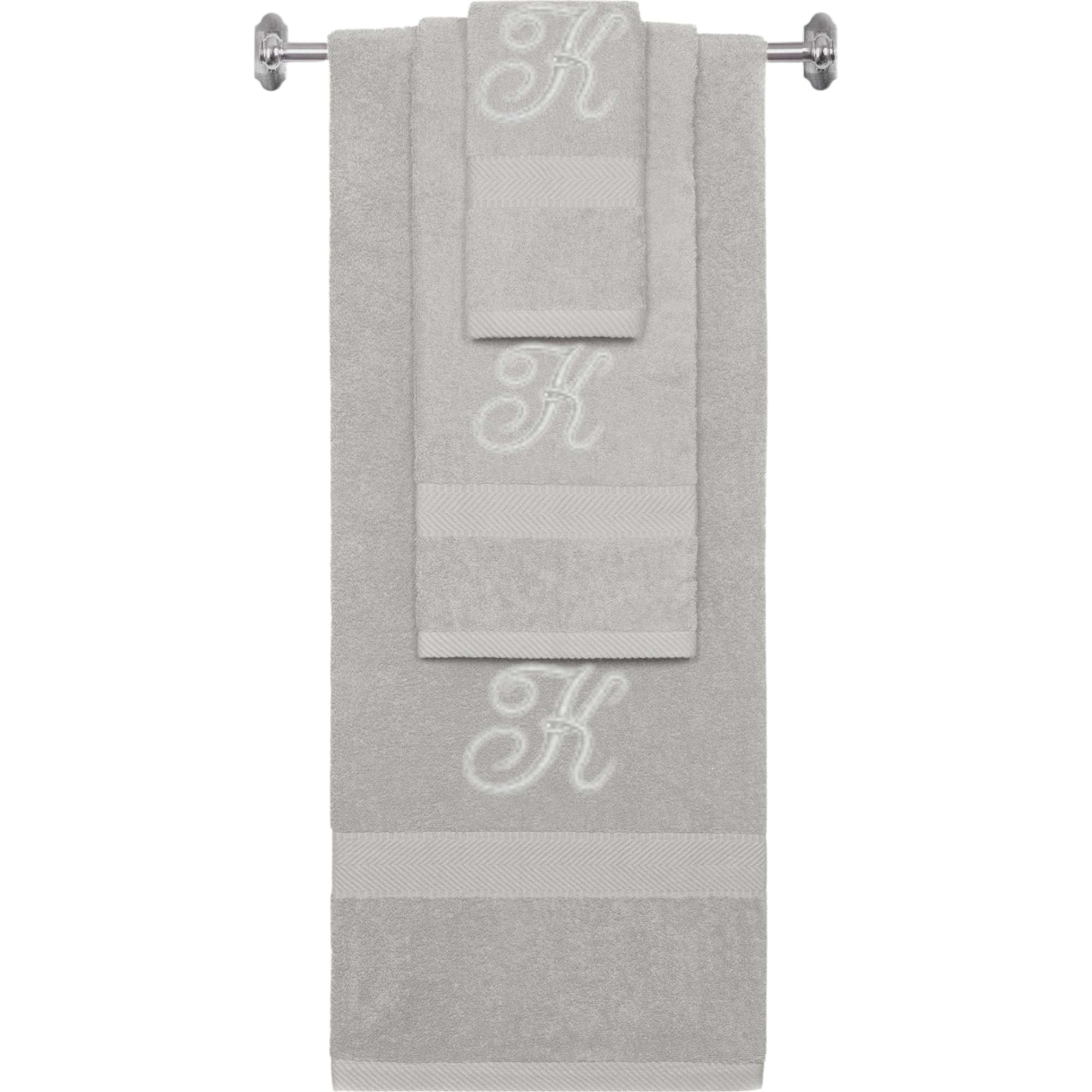 Silver monogrammed towel set with Silver thread, Diana Script font, initial K - 540 GSM cotton 3-piece
