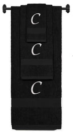 Black monogrammed towel set with Silver thread, Chancery font, initial C - 540 GSM cotton 3-piece