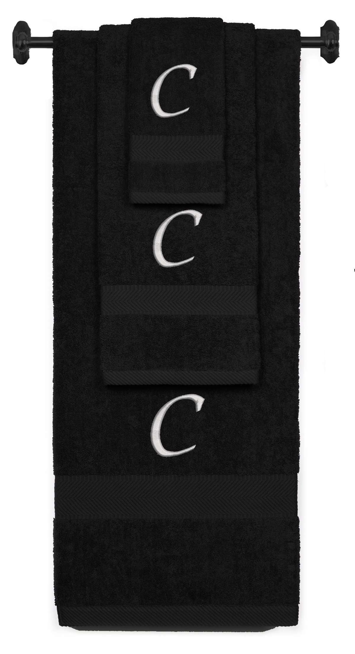 Black monogrammed towel set with Silver thread, Chancery font, initial C - 540 GSM cotton 3-piece