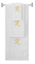 White monogrammed towel set with Gold thread, Chancery font, initial R - 540 GSM cotton 3-piece