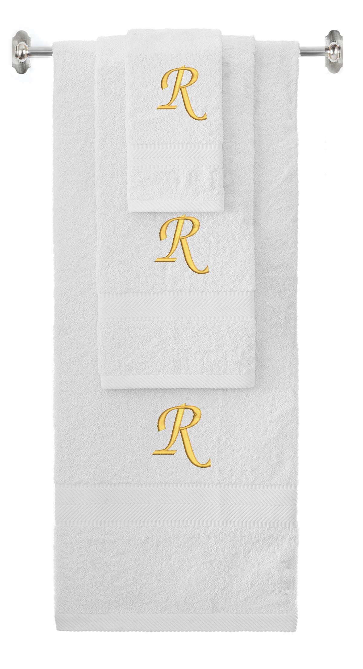 White monogrammed towel set with Gold thread, Chancery font, initial R - 540 GSM cotton 3-piece