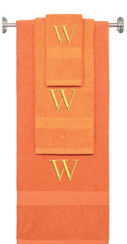 Orange monogrammed towel set with Gold thread, Times New Roman font, initial W - 540 GSM cotton 3-piece